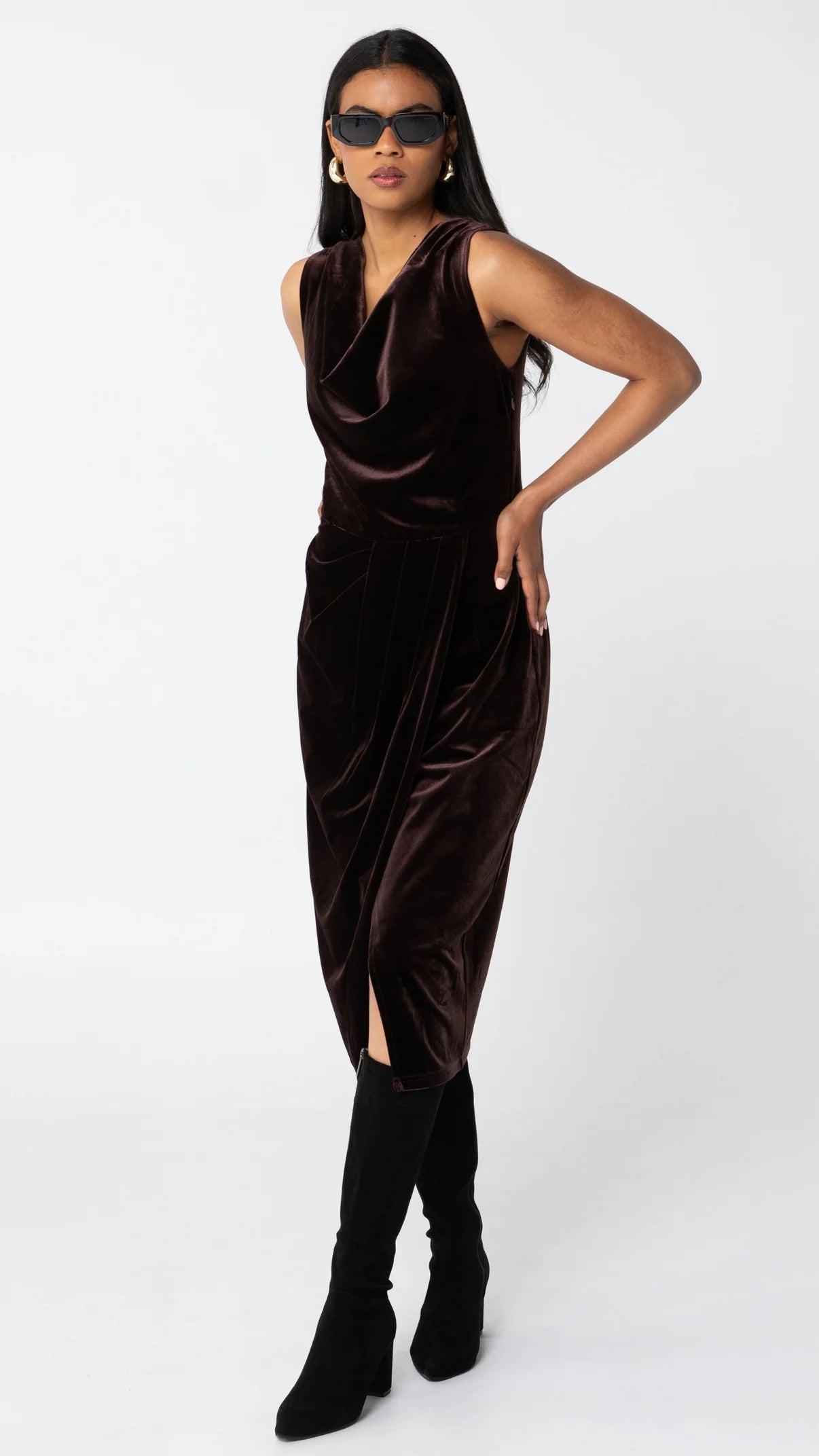 Emma Stretch Velvet Dress in Chocolate