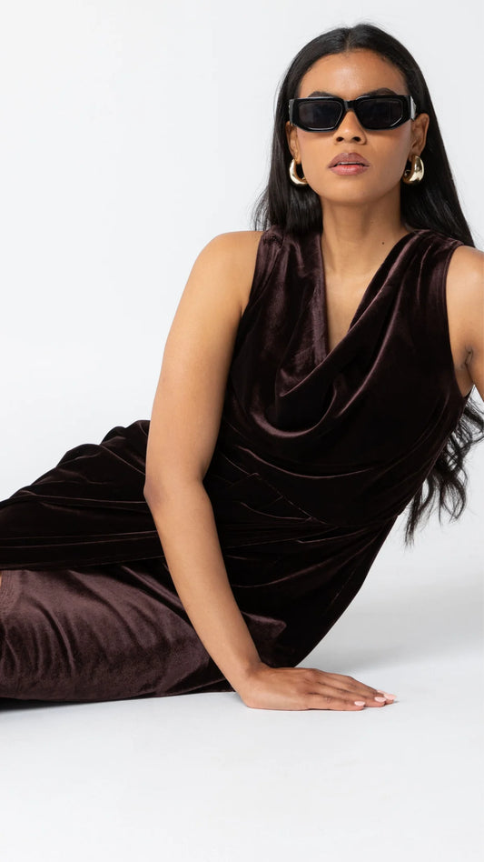 Emma Stretch Velvet Dress in Chocolate - alternate view