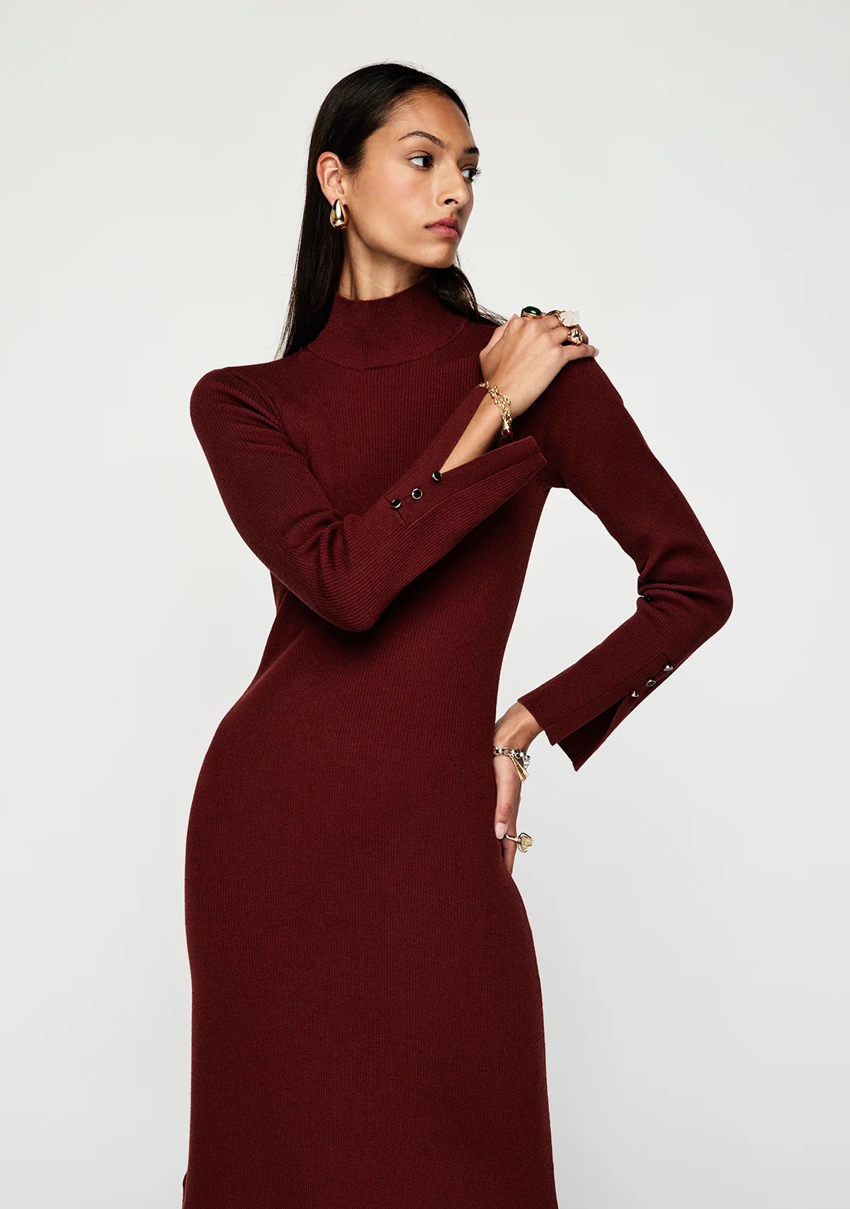 Vela Knit Dress in Cranberry - cuff detail