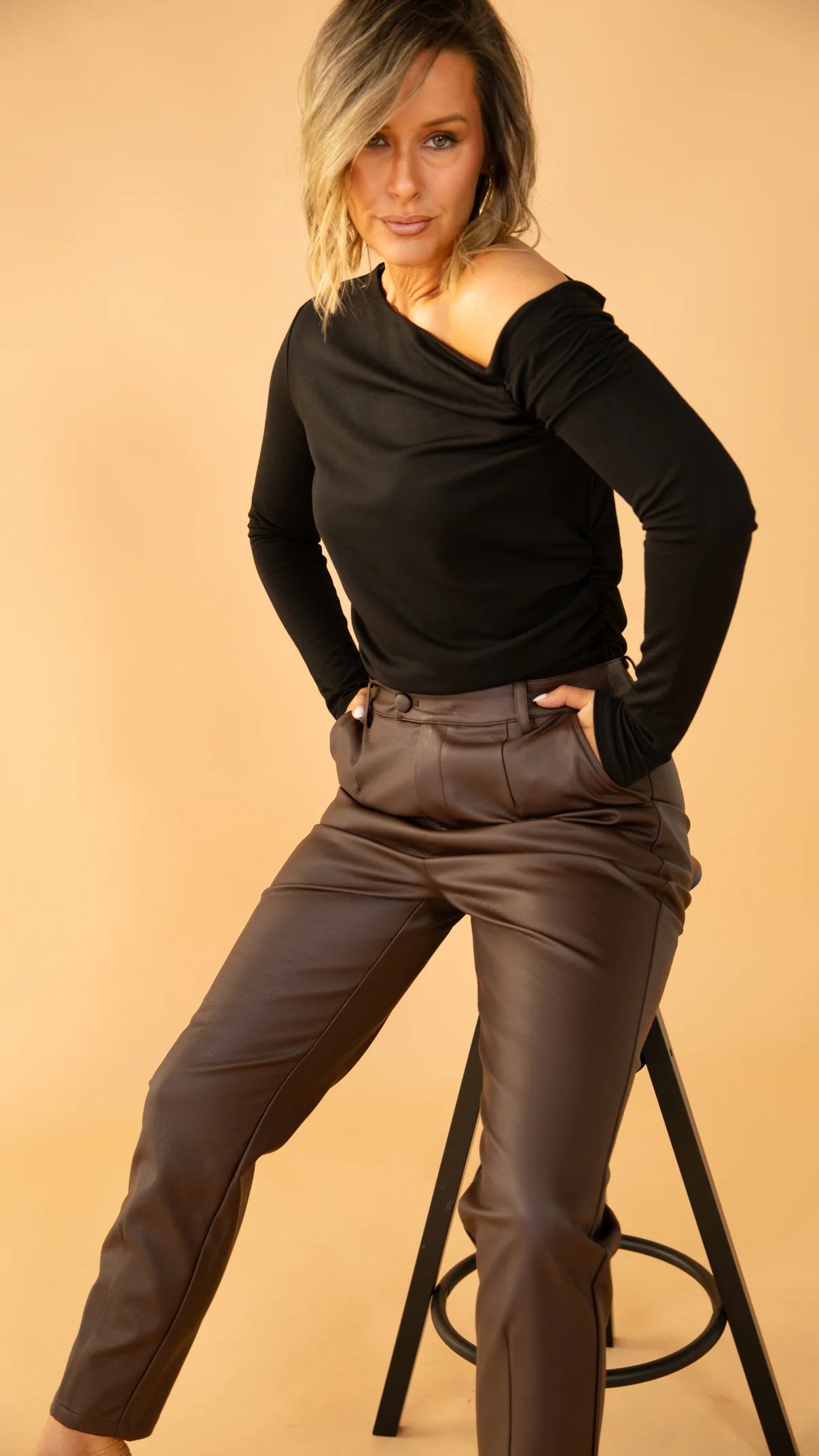 Onyx Faux Leather Pants in Chocolate - alternate view